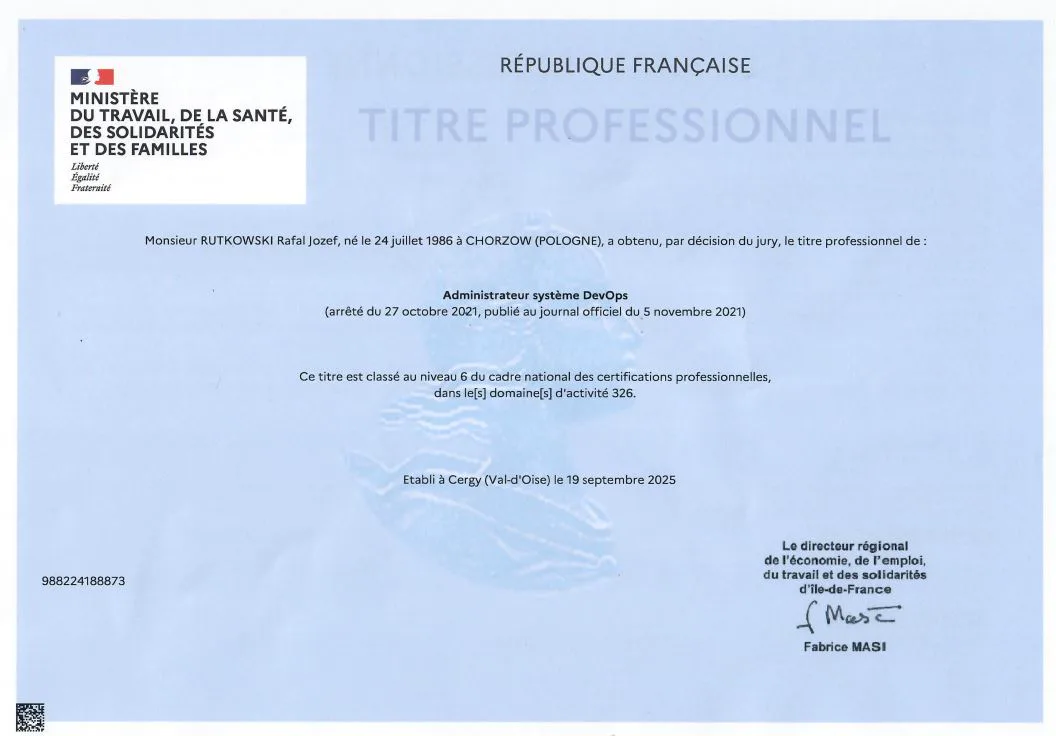 Diplôme Administrateur DevOps RNCP Niveau 6, 2025